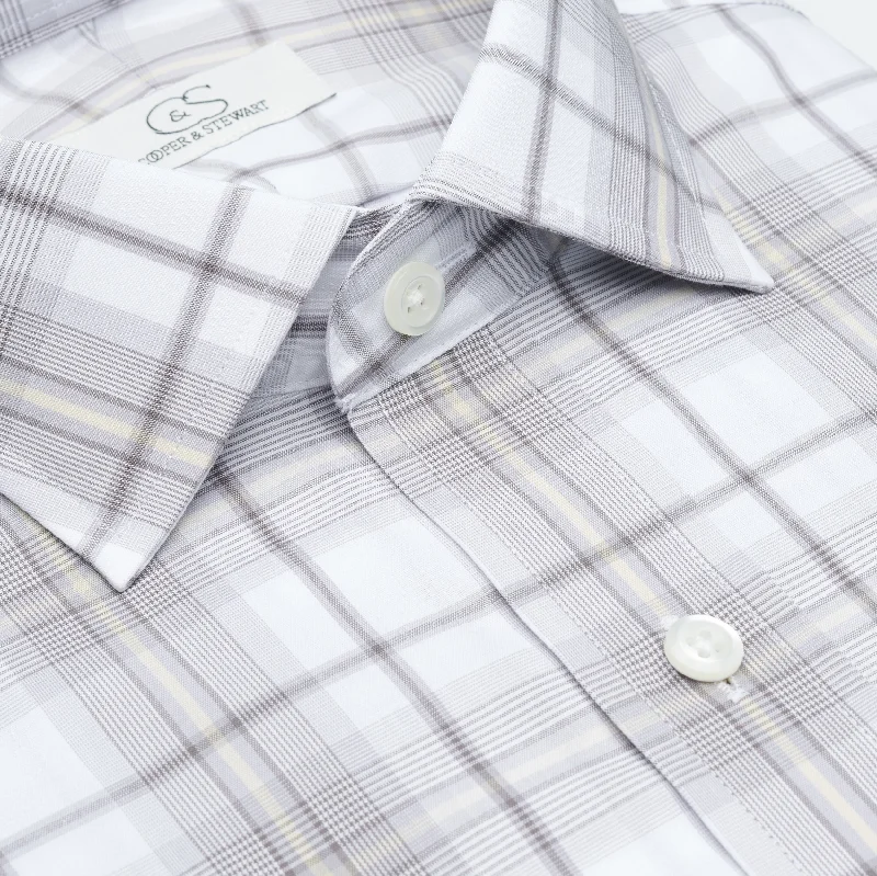 Men's Neutral-Tone Shirts for Versatile StylingGrey and Butter Open Plaid Wrinkle-Free Cotton Dress Shirt with Spread Collar by Cooper & Stewart Men's Neutral-Tone Shirts for Versatile StylingGrey and Butter Open Plaid Wrinkle-Free Cotton Dress Shirt with Spread Collar by Cooper & Stewart