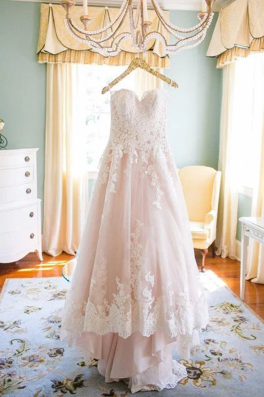 Elegant DressLight Pink Sweetheart Wedding Gown Tulle Beach Wedding Dress Lace Appliqued Bridal Dress N129
