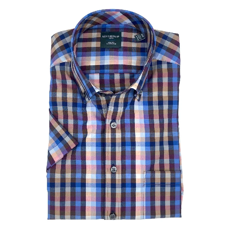 Men's Striped Shirts for a Maritime TwistBlue Multi Plaid Short Sleeve No-Iron Cotton Sport Shirt with Button Down Collar by Leo Chevalier Men's Striped Shirts for a Maritime TwistBlue Multi Plaid Short Sleeve No-Iron Cotton Sport Shirt with Button Down Collar by Leo Chevalier