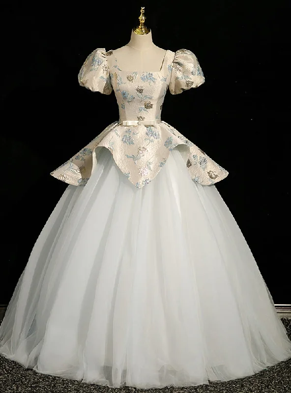 women's off-the-shoulder dressesBlue Tulle Short Sleeve Quinceanera Dress