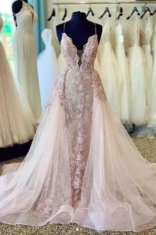 women's chiffon dressesSpaghetti Straps Deep V-Neck Tulle Prom Wedding Dresses with Removable Tulle Skirt N2535