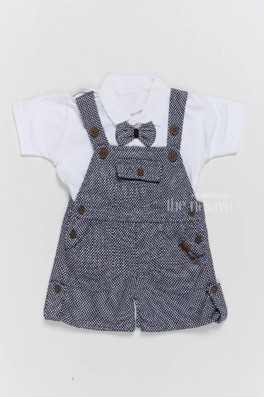 Ribbon DressFormal Wear for Infants with Checkered Overalls and Bowtie in Navy Blue