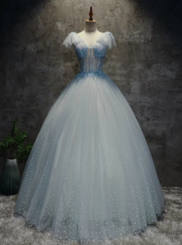 women's tall dressesBlue Tulle V-neck Appliques Quinceanera Dresses