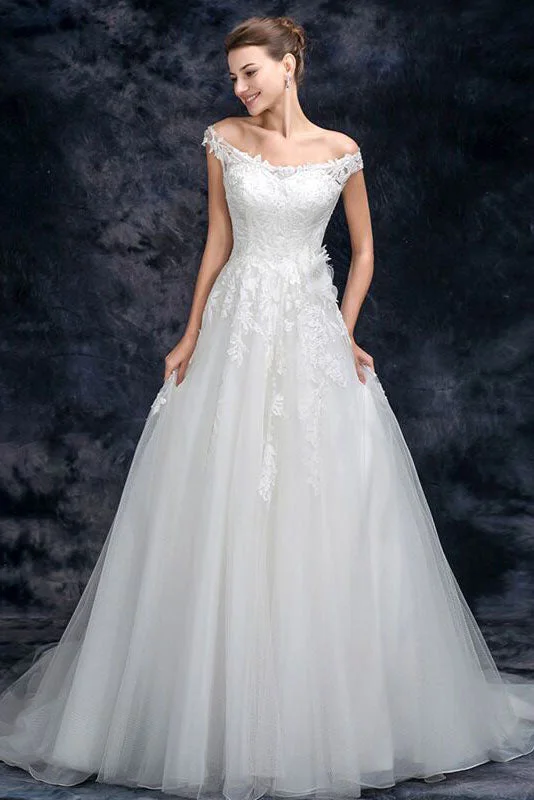 Cocktail DressA Line Off the Shoulder Tulle Wedding Dresses with Lace Appliques Long Bridal Dresses N2293