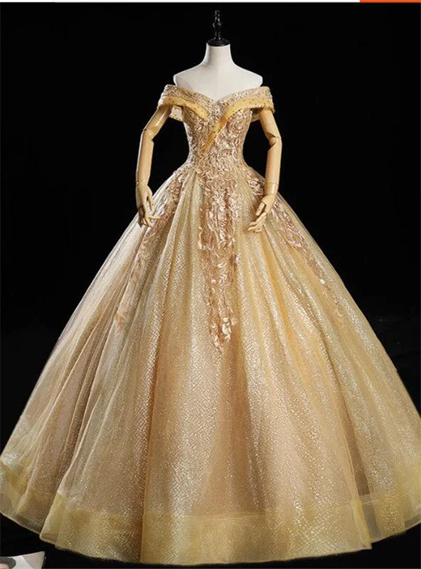 Nursing DressGold Sequins Off the Shoulder Appliques Beading Quinceanera Dress