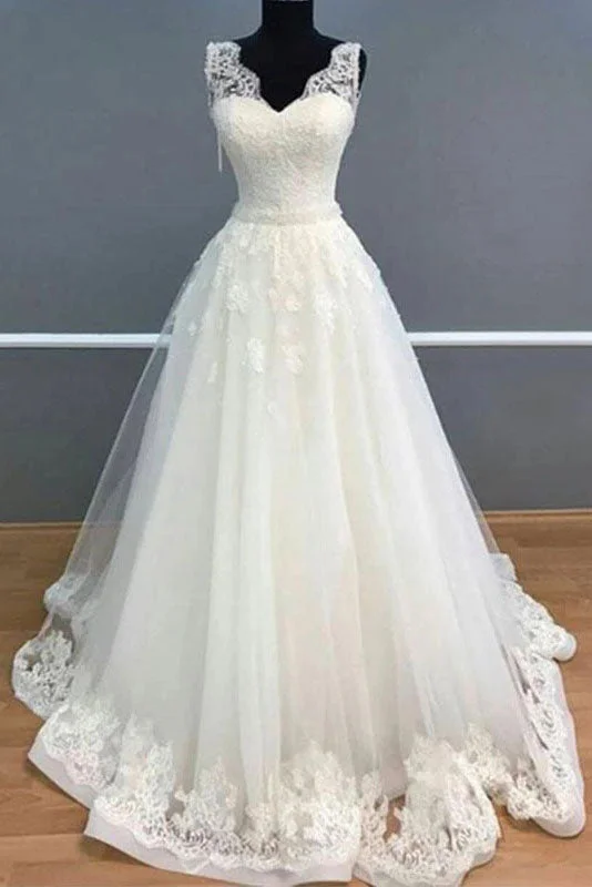 Vintage DressA Line V-Neck Sleeveless Beach Wedding Dresses with Lace Ivory Unique Bridal Dresses N2685