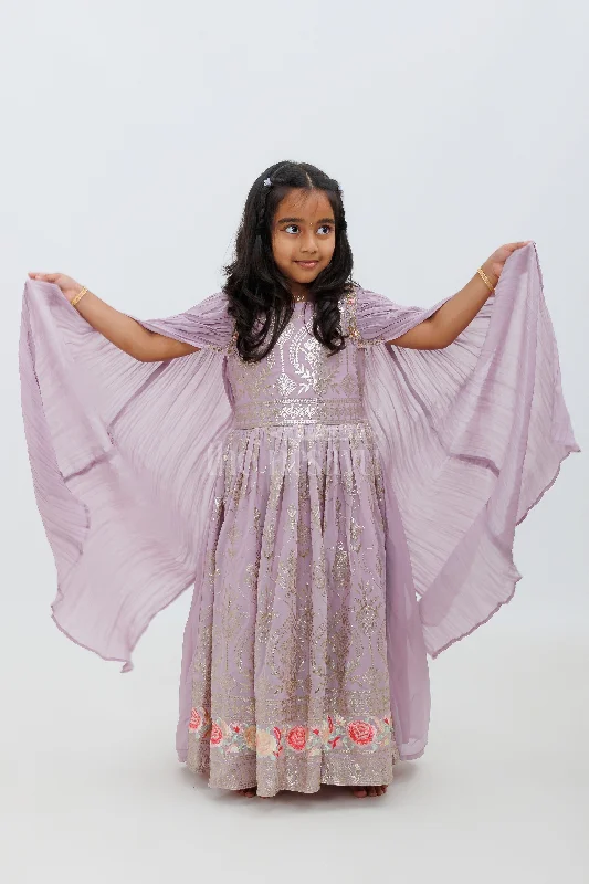 Laced DressPurple Georgette Embroidered Gown with Floral Hemline and Bishop Sleeves