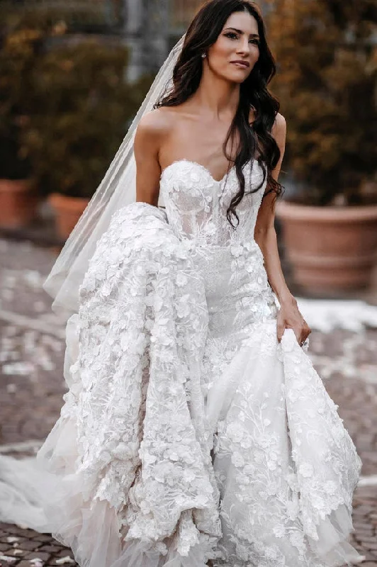 Tiered DressCharming Mermaid Sweetheart Lace Wedding Dresses with Appliques N087