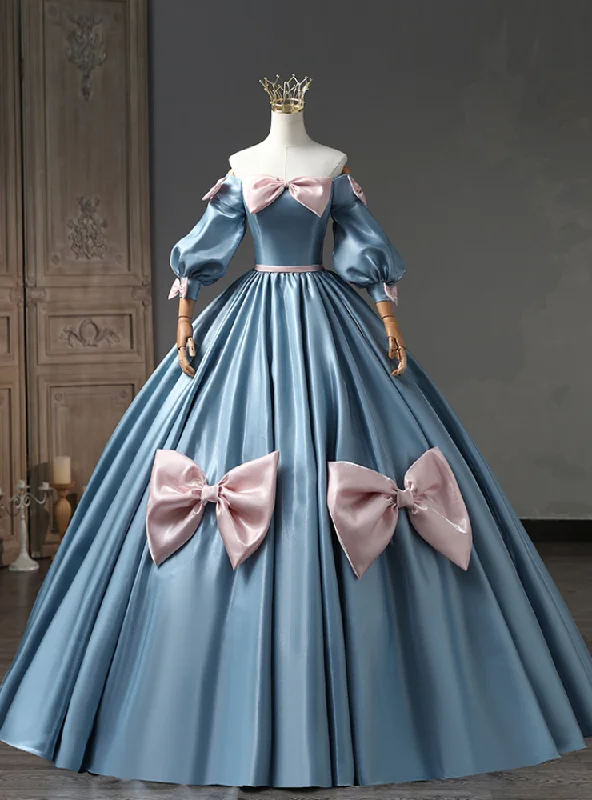 Bridesmaid DressBlue Puff Sleeve Bow Quinceanera Dress