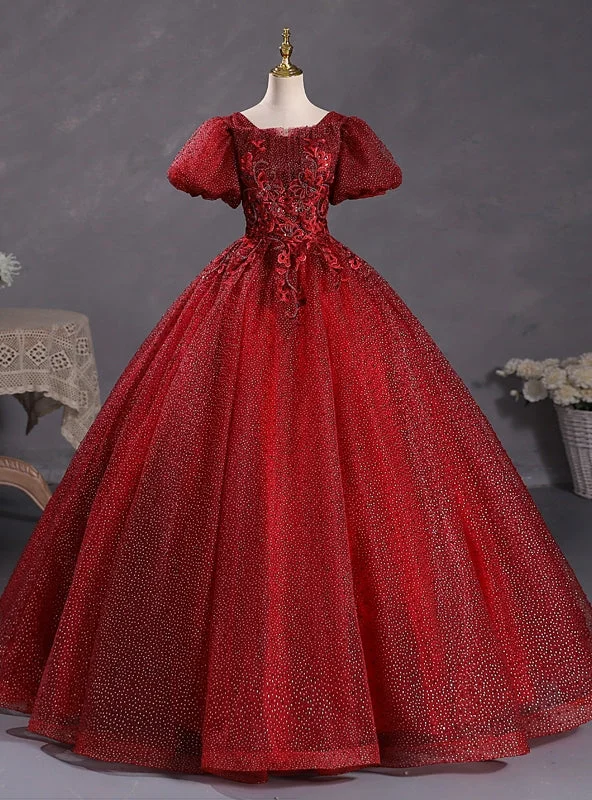 High-Low DressBurgundy Tulle Puff Sleeve Appliques Beadng Quinceanera Dress