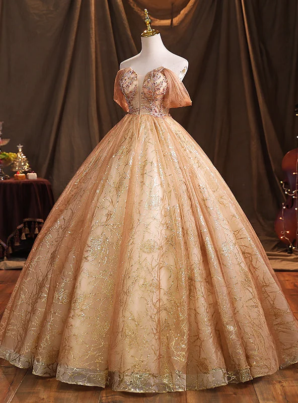 Zip-Up DressGold Sequins Bling Bling Off the Shoulder Beading Quinceanera Dresses