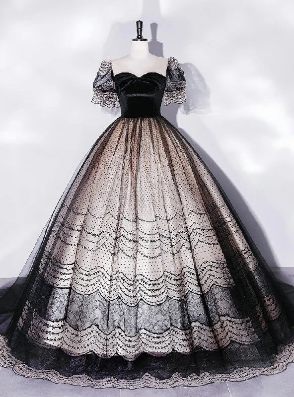 women's curve-hugging dressesBlack Tulle V-neck Short Sleeve Quinceanera Dress