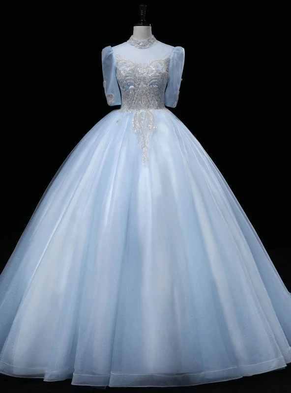 Beaded DressBlue Tulle High Neck Short Sleeve Beading Quinceanera Dress