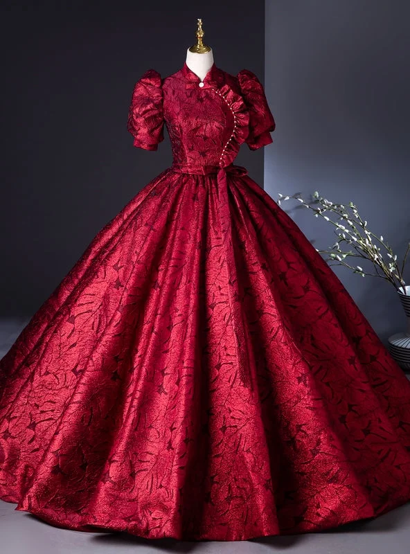 Bridesmaid DressBurgundy Short Sleeve High Neck Backless Quinceanera Dress