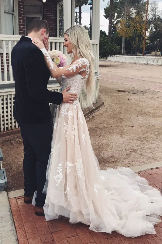 women's cold-shoulder dressesGorgeous V-Neck Long Sleeves Lace Appliques Wedding Dresses with Train N2373