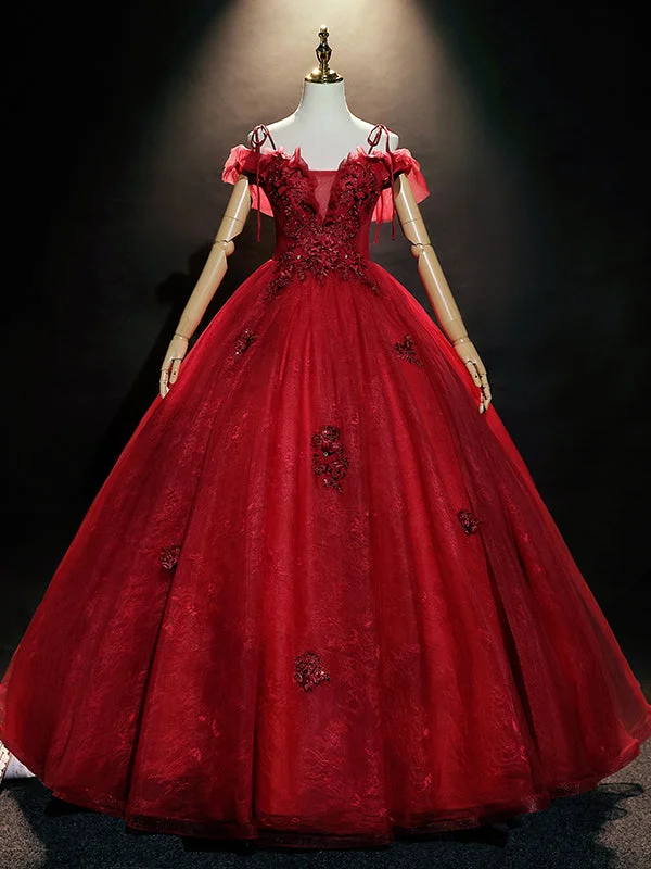 Floor-Length DressBurgundy Tulle Lace Spaghetti Straps Appliques Quinceanera Dress