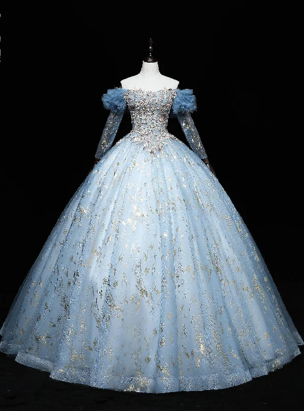 Ruffle DressBlue Tulle Long Sleeve Beading Quinceanera Dress
