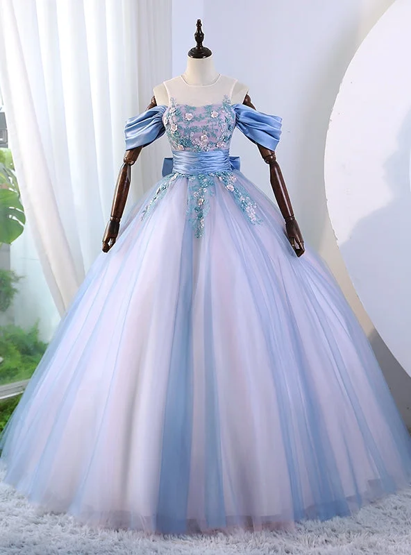 Velvet DressBlue Tulle Appliques Bow Quinceanera Dress