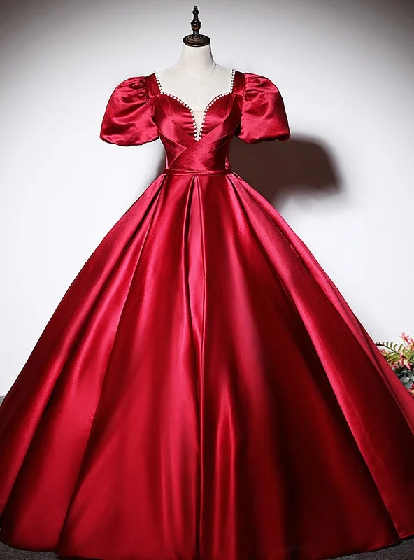 Elegant DressBurgundy Satin Short Sleeve Quinceanera Dress