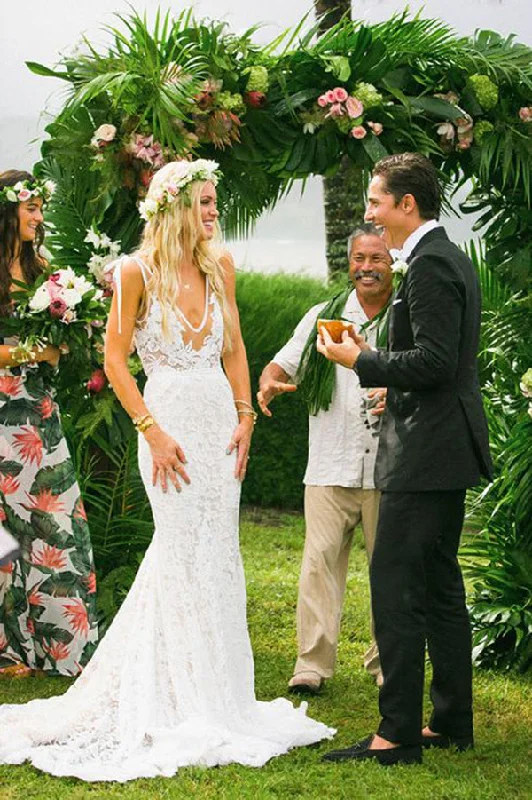 women's fair-trade dressesSexy V-Neck Sleeveless Mermaid Romantic Lace Wedding Gowns,Bridal Dresses N948