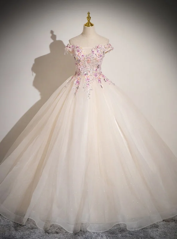 women's evening dressesChampagne Tulle Pink Sequins Off the Shoulder Quinceanera Dress