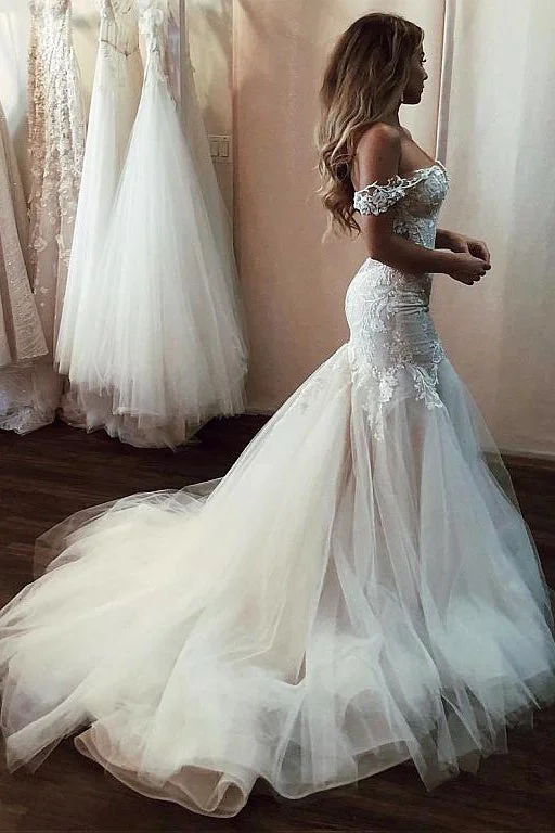 women's sheath dressesOff the Shoulder Lace Mermaid Wedding Dresses With Long Train