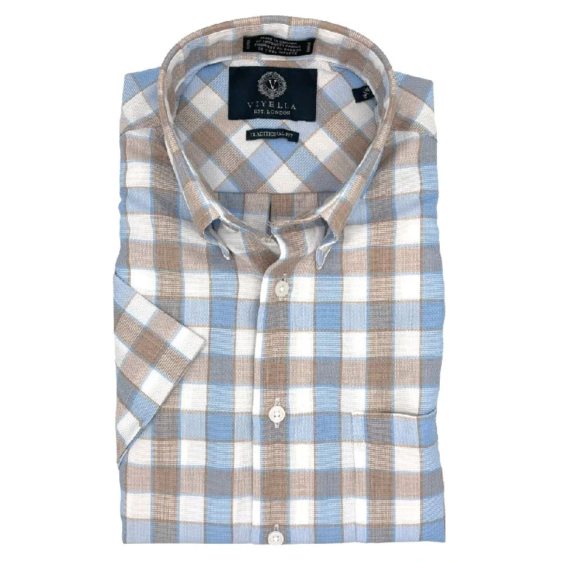 Men's Unique Dress Shirts for a Statement LookBlue and Beige Plaid Short Sleeve Sport Shirt by Viyella Men's Unique Dress Shirts for a Statement LookBlue and Beige Plaid Short Sleeve Sport Shirt by Viyella