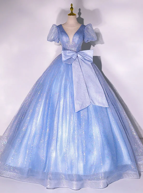 women's lace-up dressesBlue Tulle Suquins Puff Sleeve Quinceanera Dress