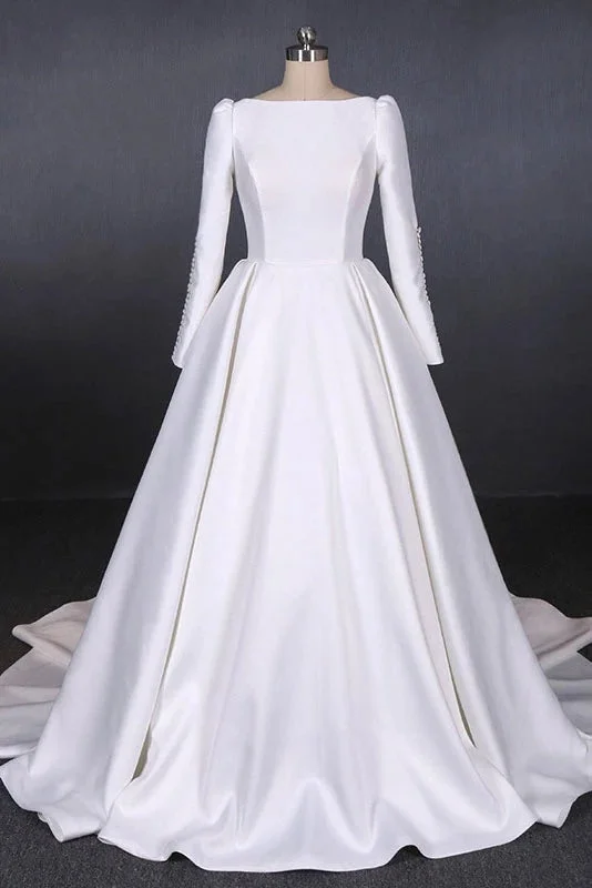 women's custom dressesLong Sleeves Satin White Wedding Dresses Backless Bridal Dresses N2301