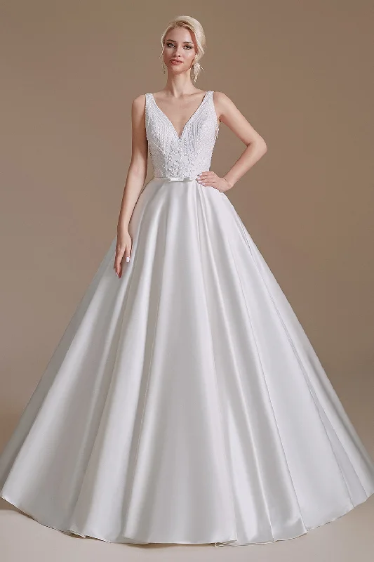 women's custom dressesElegant Long A-Line Sleeveless Satin Wedding Dress