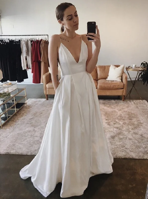 women's maxi dressesSimple Spaghetti Straps Backless Satin Wedding Dress with Pockets