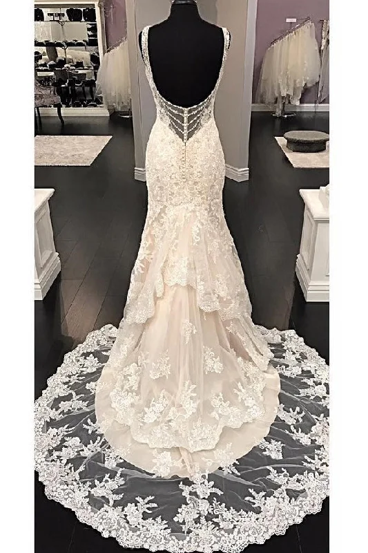 Crepe DressLuxurious V-Neck Sleeveless Mermaid Long Lace Wedding Dresses Sweep Train Bridal Dresses N835