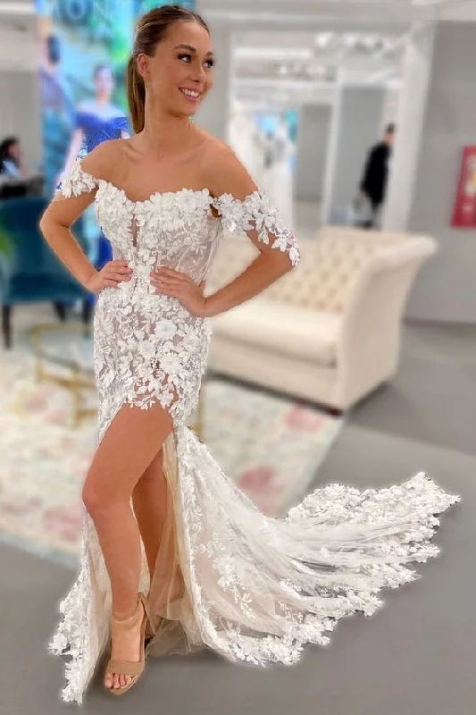 Body-Hugging DressCharming Off the Shoulder Lace Wedding Dresses with 3D Appliques N088