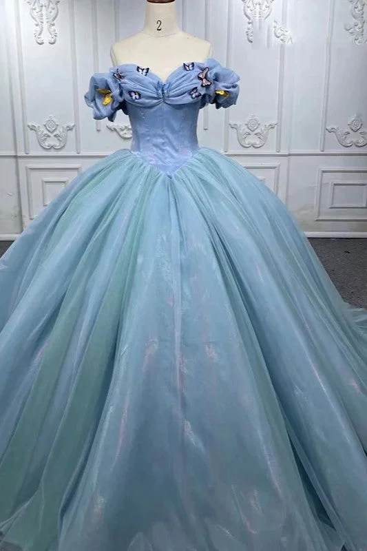women's wrinkle-resistant dressesChic Bubble Sleeves Ball Gown Off-the-shoulder Quinceanera Dresses with Butterfly Appliques
