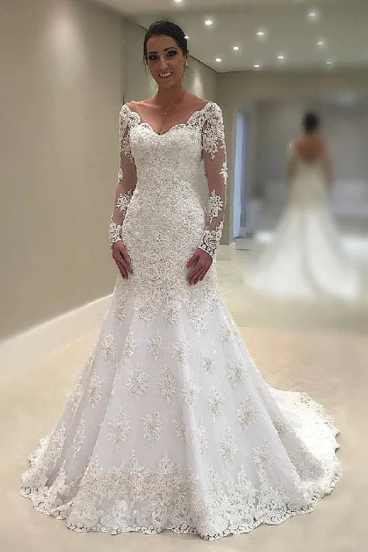 women's maternity dressesMermaid V-Neck Long Sleeve Appliqued and Beaded Wedding Dresses