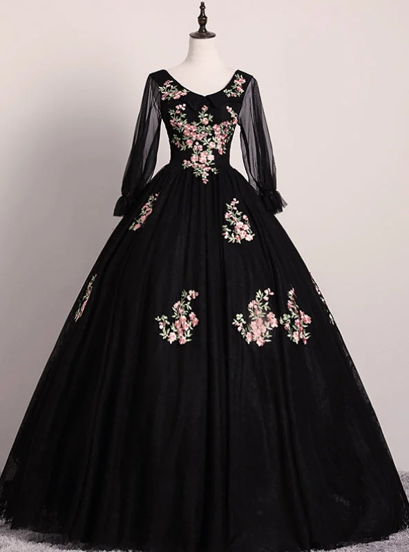 women's body-skimming dressesCheck Out Entire Collection Black Ball Gown Tulle V-neck Long Sleeve Appliques Quinceanera Dress