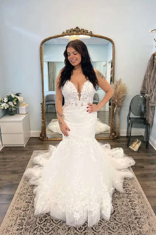 women's chiffon dressesCharming Mermaid V Neck Lace Wedding Dresses N065
