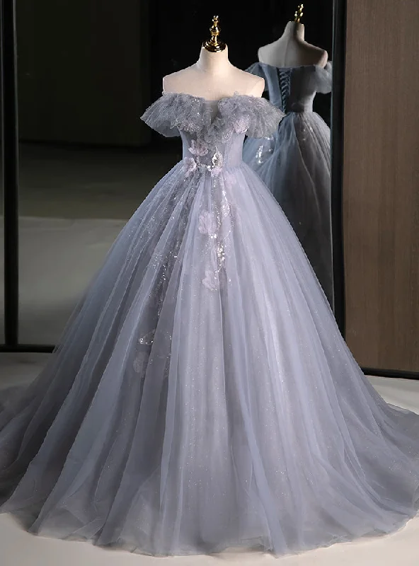 Long-Sleeve DressFashion Gray Tulle Off the Shoulder Appliques Quinceanera Dress