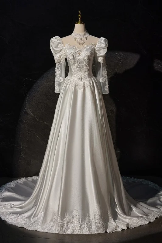 women's metallic dressesVintage Satin Gorgeous Long Sleeves Appliques Wedding Dresses