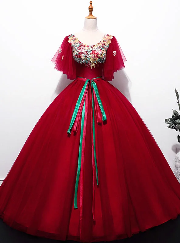 women's maximalist dressesBurgundy Ball Gown Tulle Appliques Quinceanera Dresses With Sash