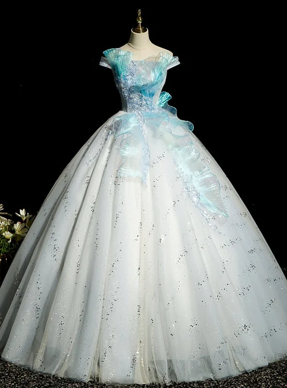 women's casual dressesBlue Tulle Sequins Off the Shoulder Appliques Quinceanera Dress