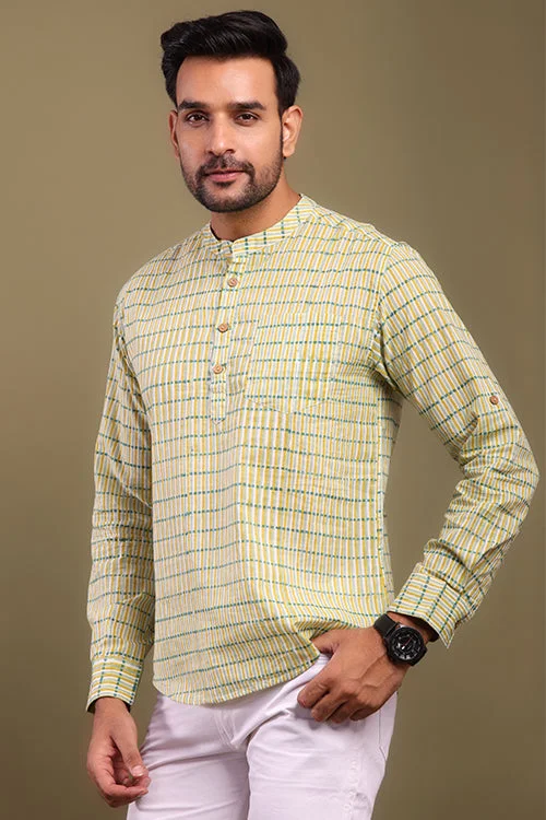 Versatile Men's Short-Sleeve ShirtsShuddhi Yellow And Green Striped Mens Shirt