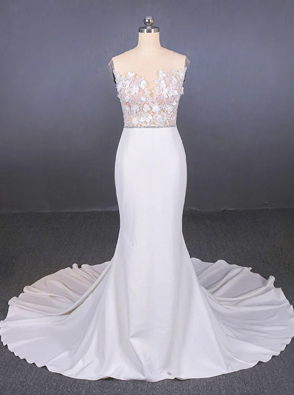 Embellished DressSee-Through Neckline Lace Appliques Mermaid Wedding Dresses OW575