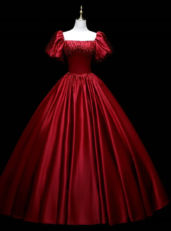 women's made-to-order dressesBurgundy Satin Sequins Puff Sleeve Quinceanera Dress