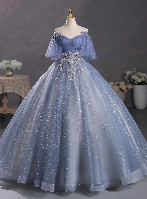 women's evening dressesBlue Tulle Sequins Off the Shoulder Beading Quinceanera Dress