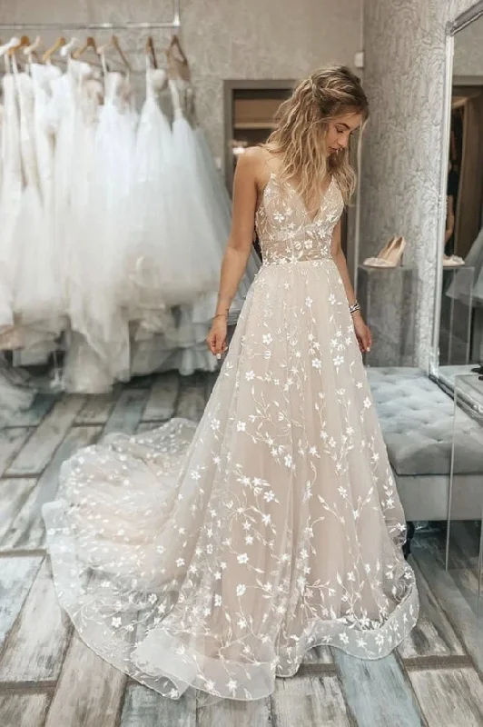 Fit-And-Flare DressClassy Spaghetti Straps V-Neck Lace Long Wedding Dress Y0418
