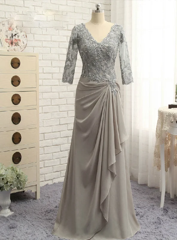 Zipper DressFashion Plus Size Gray Mother Of The Bride Dresses A-line 3/4 Sleeves
