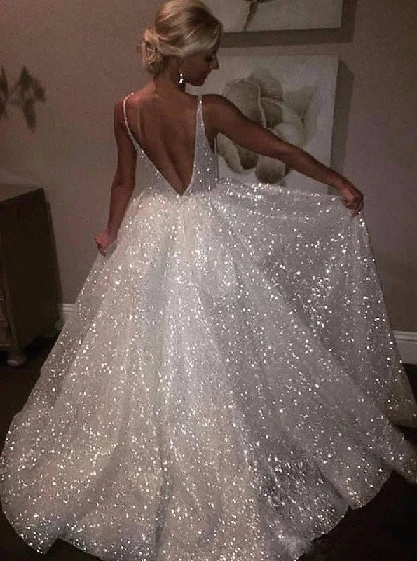 women's high-low dressesSparkly Wedding Dress Sequins V Neck Backless Bridal Gown OW470