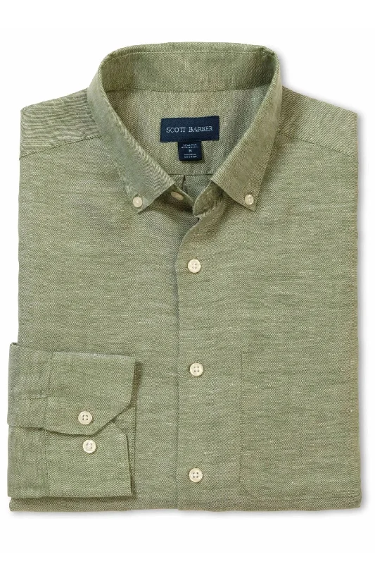 Men's Cufflink-Ready Shirts for Formal EventsLinen/Tencel Solid Twill Sport Shirt in Sage by Scott Barber Men's Cufflink-Ready Shirts for Formal EventsLinen/Tencel Solid Twill Sport Shirt in Sage by Scott Barber