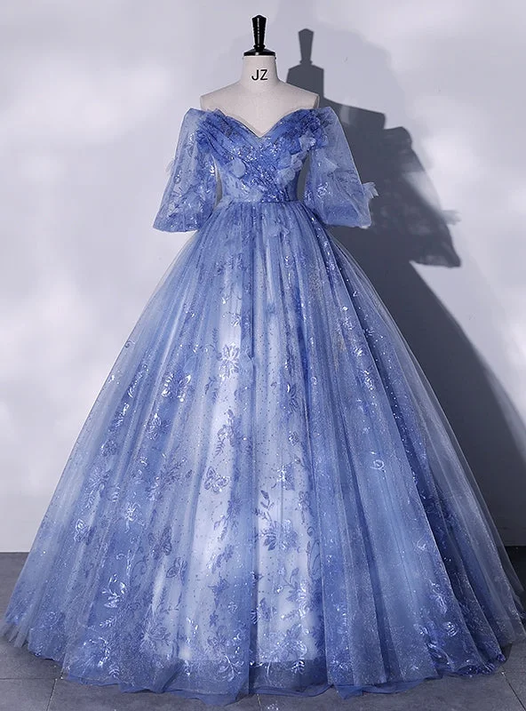 women's high-low dressesBlue Tulle Sequins Short Sleeve Quinceanera Dress